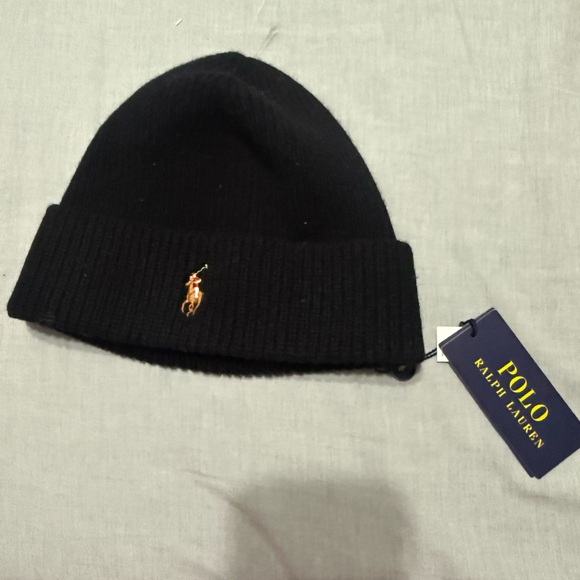 Ralph Lauren Other - Ralph Lauren Black Cuffed Beanie with Gold Pony Emblem